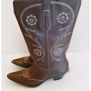 FRANCO SARTO Brown Leather Womens US 9M Western Boots White Stiching  Med Heel
